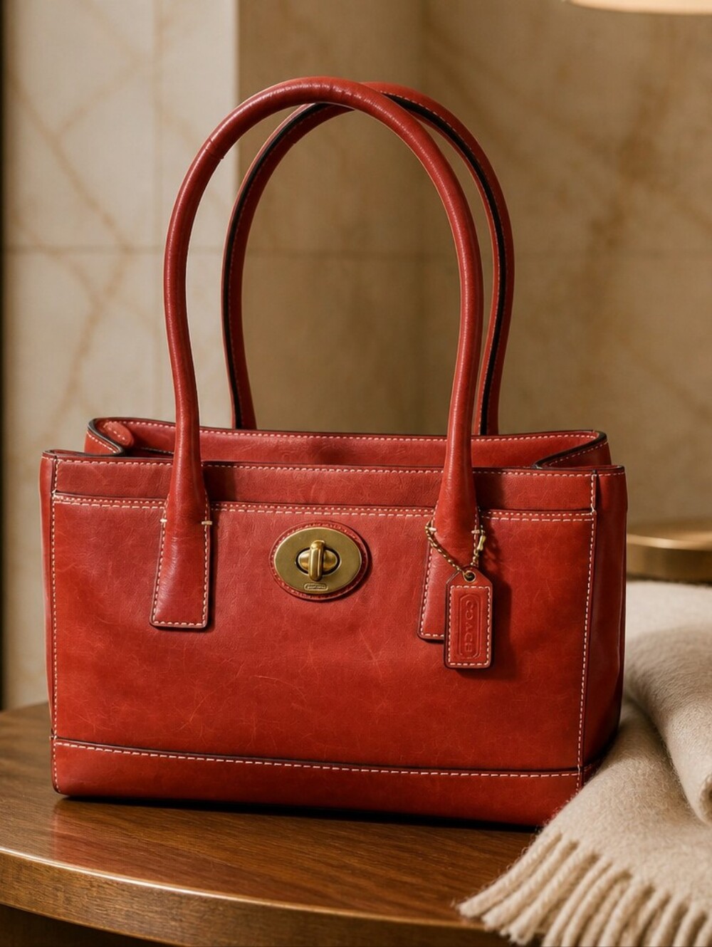Coach Turnlock Leather Tote in Burnt Red EUC